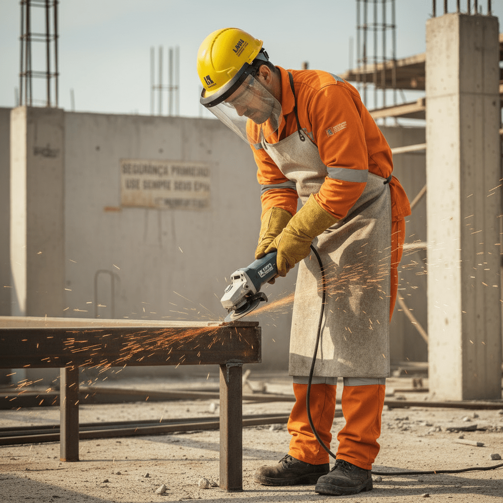 Um-colaborador-com-macaco-laranja-cortando-uma-chapa-metalica